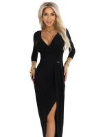 404-13 Elegantné dlhé šaty s obálkovým výstrihom a rozparkom - čierne