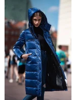 Dámska lesklá páperová bunda tmavomodrá (omdl-020)