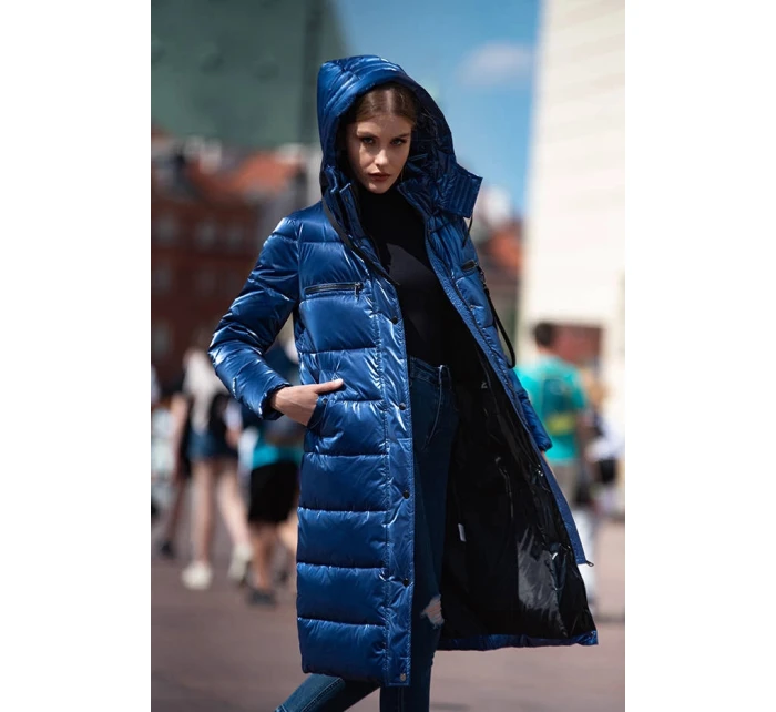 Dámska lesklá páperová bunda tmavomodrá (omdl-020)