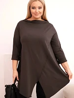Dámske Plus veľkosť bavlnená blúzka asymetrické s valcované rukávy Brown