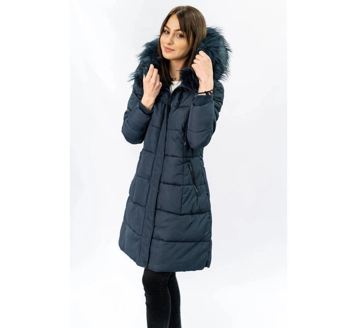 Tmavomodrá dámska prešívaná zimná bunda s kapucňou (7757)