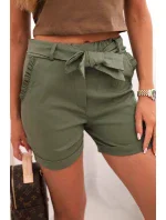 Dámske šortky s mašľou a volánikmi khaki
