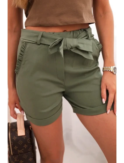 Dámske šortky s mašľou a volánikmi khaki