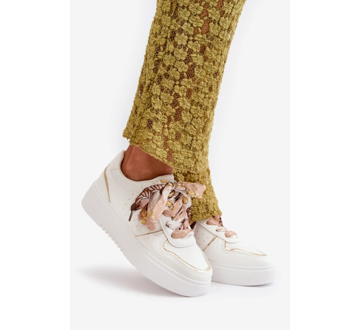 Sneakersy Damskie Na Platformie Z Ozdobnym Sznurowaniem Białe Mistra