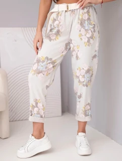 Dámske viskózové kvetinové nohavice s opaskom béžovej farby