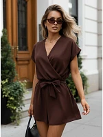 Dámsky letný overal s obálkovým výstrihom hnedý FashionStreet EY2640 Dámsky letný overal s obálkovým výstrihom hnedý FashionStreet EY2640
