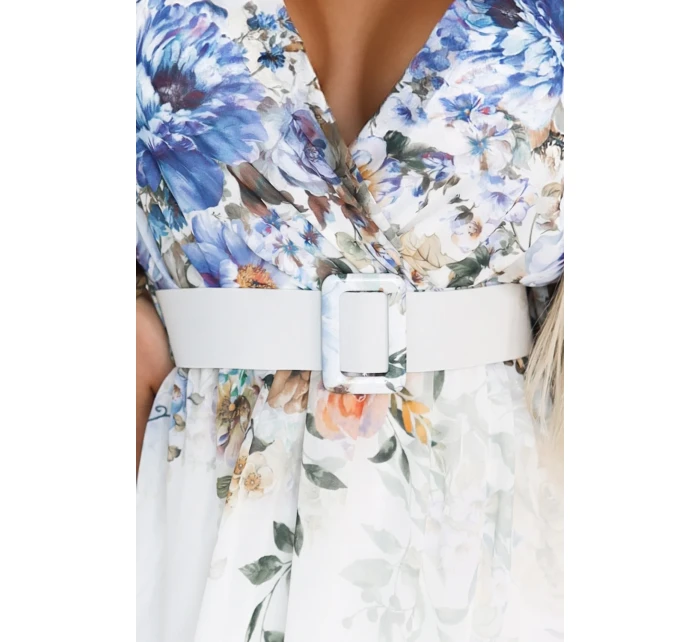 613-1 CELINA Vzdušné maxi šaty s obálkovým výstrihom, opaskom a kvetinovým ombre - MODRÁ 613-1 CELINA Vzdušné maxi šaty s obálkovým výstrihom, opaskom a kvetinovým ombre - MODRÁ