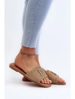 Dámske ploché papuče s opletením a ozdobou, béžová Omenna