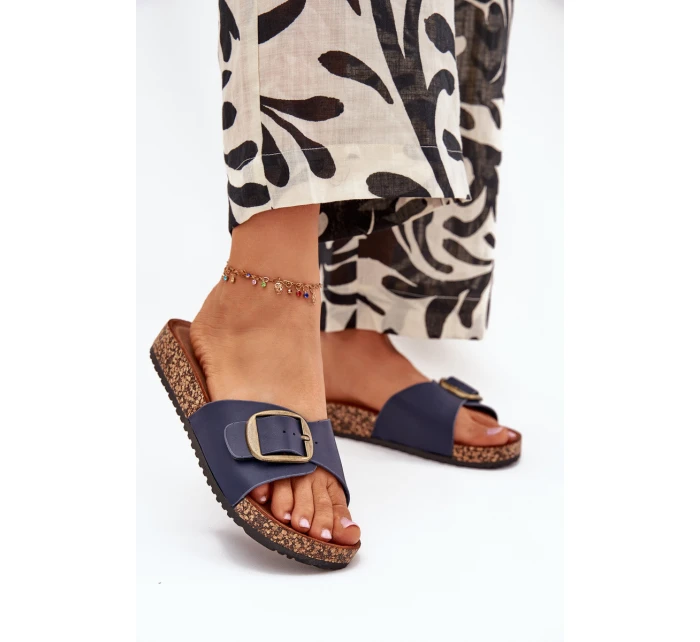 Klapki Damskie Na Korkowej Platformie Z Klamrą Granatowe Vianara Klapki Damskie Na Korkowej Platformie Z Klamrą Granatowe Vianara