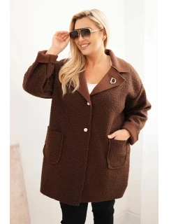 Dámský kabát Plus Size beránek s vlnou a kapsami čokoládový
