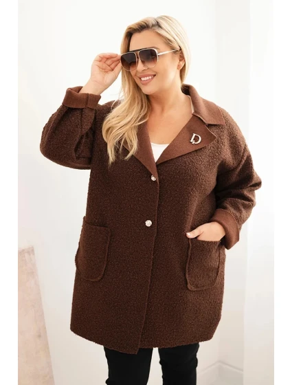 Dámský kabát Plus Size beránek s vlnou a kapsami čokoládový Dámský kabát Plus Size beránek s vlnou a kapsami čokoládový