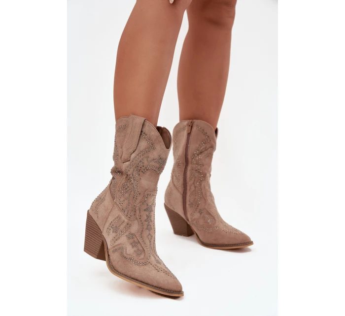 Botki Kowbojki Damskie Ze Zdobieniem Beżowe Arlissima