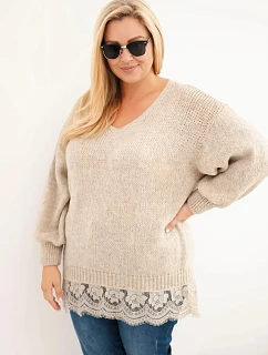 Dámsky sveter vo veľkosti Plus Size s čipkovaným lemom, tmavo béžový