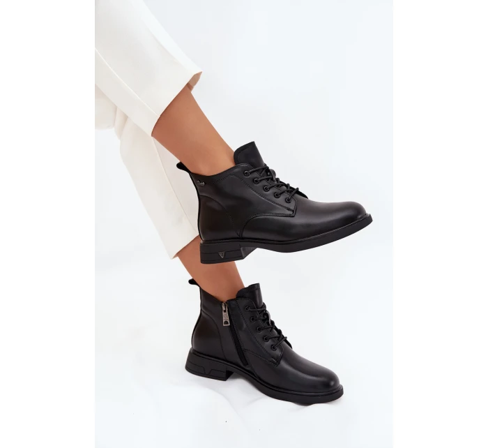 Zateplené kožené dámské boty na nízkém podpatku model 21710502 Černé - VINCEZA