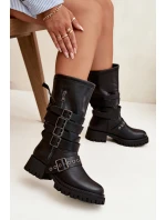 Ocieplane Kozaki Damskie Z Paskami I Klamrami Czarne Ivaline