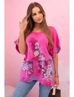 Dámske bavlnené tričko s motýľmi a kvetmi ružové