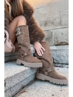 Kožené semišové dámské kozačky s přezkami zateplené Big Star model 21758942 béžové - Big Star Shoes