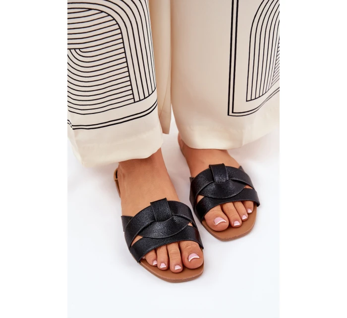 Płaskie Klapki Damskie Z Przeplatającymi Się Paskami Czarne Selaenor Płaskie Klapki Damskie Z Przeplatającymi Się Paskami Czarne Selaenor