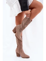 Ażurowe Kozaki Kowbojki Na Słupku S.Barski HY51-606 Beżowe