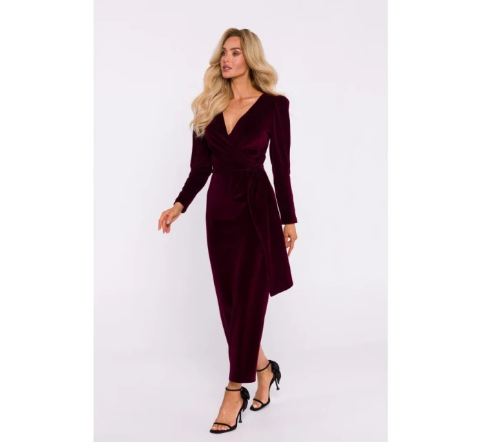M828 Zamatové maxi šaty s hlbokým výstrihom do V - bordové