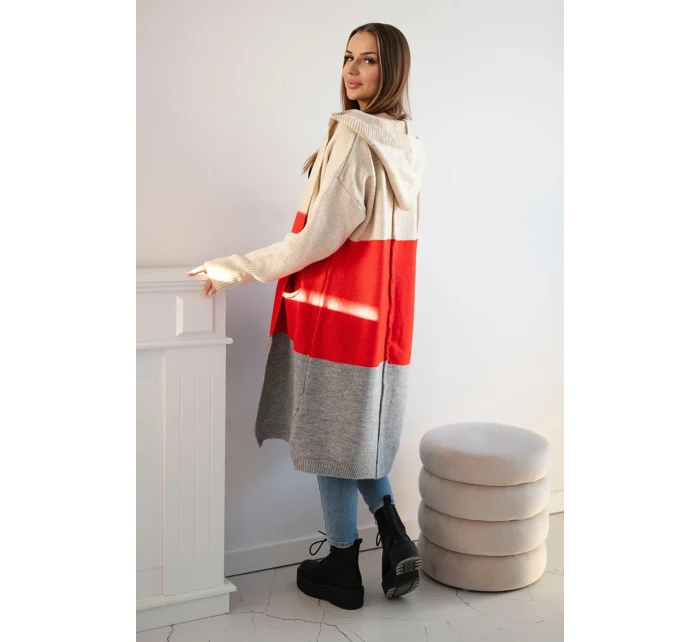 Pruhovaný sveter s kapucňou béžová+červená+sivá