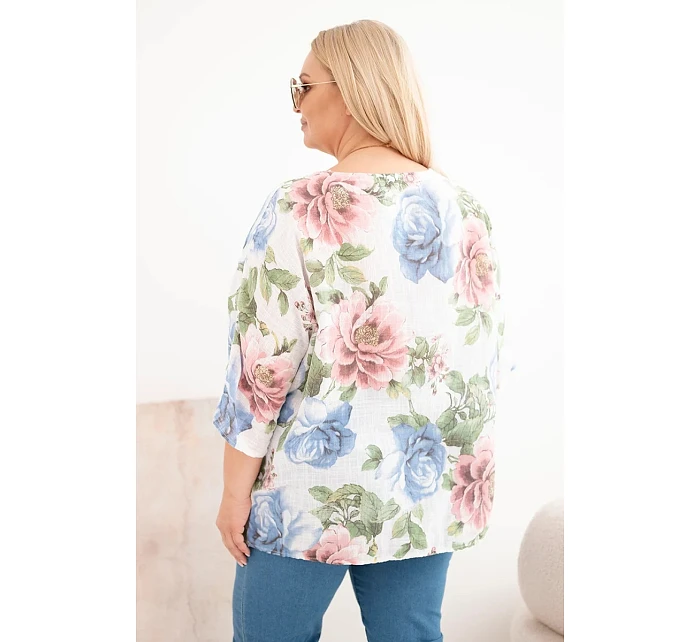 Dámska bavlnená blúzka s krátkymi rukávmi a kvetinovým vzorom biela