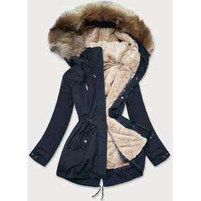 Tmavo modro-svetlo béžová dámska zimná bunda s machovitým kožúškom (W553)