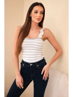 Dámska rebrovaná pruhovaná blúzka s volánom sivá