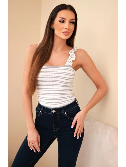 Dámska rebrovaná pruhovaná blúzka s volánom sivá