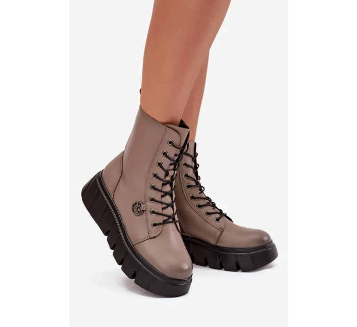 Botki Workery Damskie Na Platformie Ocieplane Vinceza 58588 Ciemnobeżowe