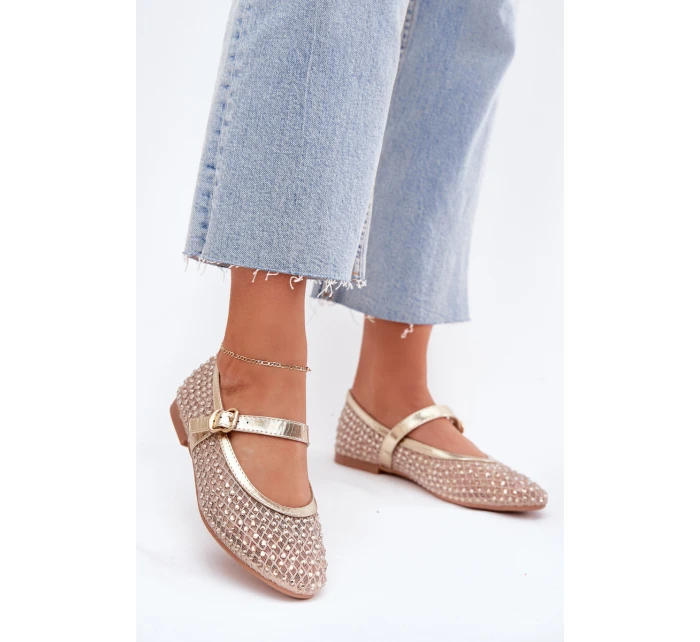 Zdobione Baleriny Damskie Z Paskiem I Klamrą Złote Avirae Zdobione Baleriny Damskie Z Paskiem I Klamrą Złote Avirae
