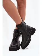 Skórzane Botki Workery Damskie Ocieplane Z Ozdobną Klamrą D&A MK52-032 Czarne Skórzane Botki Workery Damskie Ocieplane Z Ozdobną Klamrą D&A MK52-032 Czarne