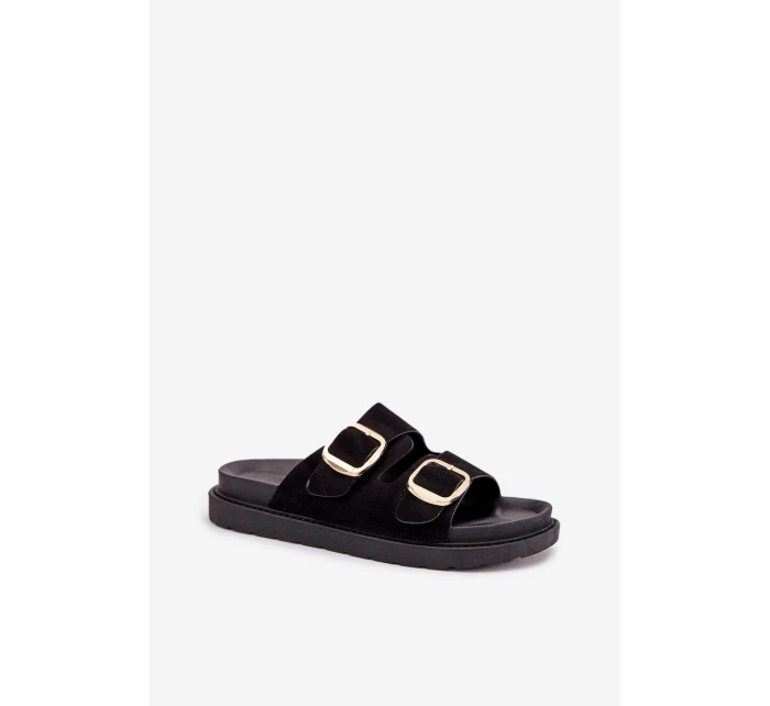 Dámske papuče na platforme so zlatými prackami - čierne