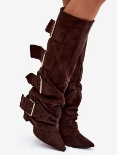 Dámske čižmy so zlatými prackami - čokoládové Isavelle