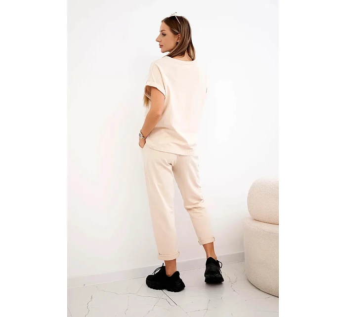 Bavlněný komplet halenka + kalhoty béžový