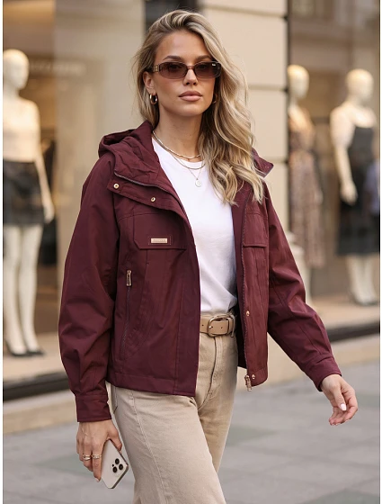 Dámska prechodná bunda s kapucňou, vínová, FashionStreet TY5964