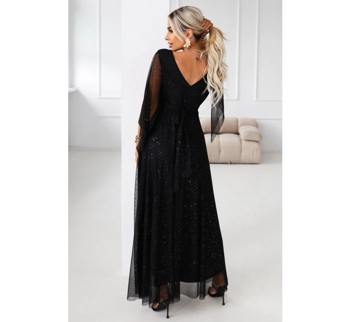 Dlouhé lehké třpytivé šaty s výstřihem a rukávy černé model 21802210 - numoco basic Dlouhé lehké třpytivé šaty s výstřihem a rukávy černé model 21802210 - numoco basic