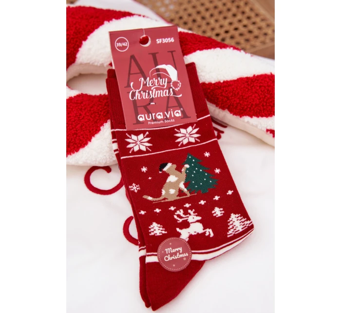 Pánske vianočné ponožky s motívom mačky a stromčeka - červené Pánske vianočné ponožky s motívom mačky a stromčeka - červené