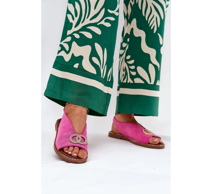 Sandały Damskie Z Ozdobą Na Płaskim Obcasie Eko Zamszowe Różowe Ralisses