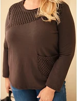 Dámská bavlněná mikina Plus Size s průstřihy a kapsou hnědá