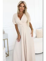 581-6 JENNIFER dlhé šaty s rozparkom na nohách, rukávmi a výstrihom - BEACH