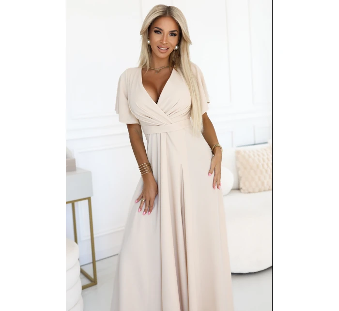 581-6 JENNIFER dlhé šaty s rozparkom na nohách, rukávmi a výstrihom - BEACH