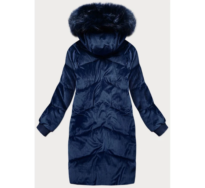 Dámska manšestrová zimná bunda s kapucňou tmavomodrá (7764)