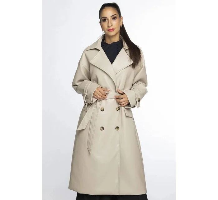Béžový dvojradový klasický dámsky kabát z ekologickej kože AnnGissy (AG6-30) Béžový dvojradový klasický dámsky kabát z ekologickej kože AnnGissy (AG6-30)