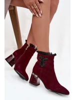Semišové kožené dámské kotníkové boty na podpatku s ozdobou vyhřívané D&A MR52-127 bordó