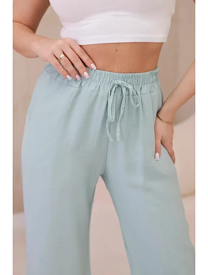 Viskózové nohavice so širokými nohavicami tmavej mentolovej farby