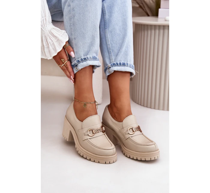 Zazoo 20175 Półbuty Damskie Na Słupku Skóra Naturalna Jasnobeżowe