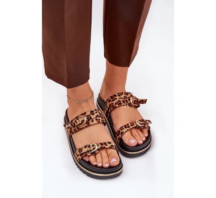 Klapki Damskie w Panterkę Na Platformie Z Paskami I Klamrami Brązowe Ziferte Klapki Damskie w Panterkę Na Platformie Z Paskami I Klamrami Brązowe Ziferte