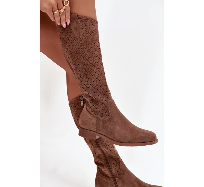 Kozaki Damskie Na Płaskim Obcasie Z Ażurowym Wzorem S.Barski HY52-531 Brązowe