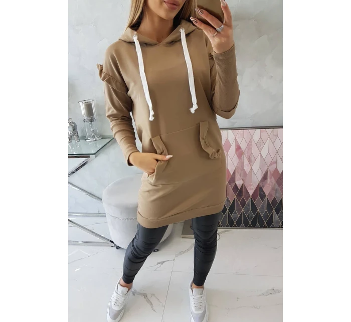 Šaty s ozdobnými volánikmi a kapucňou camel Šaty s ozdobnými volánikmi a kapucňou camel